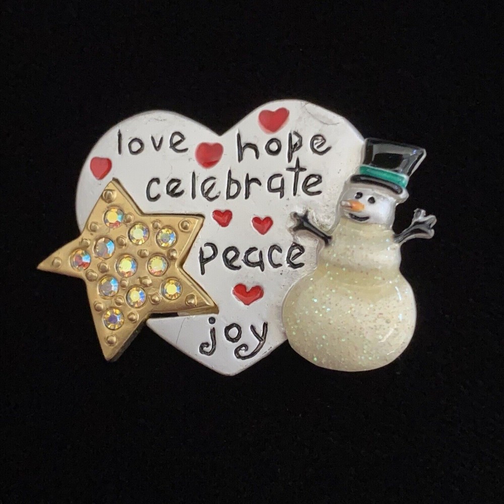 AJMC Vintage Christmas Snowman Brooch Love Hope Celebrate Peace Joy Hearts Star